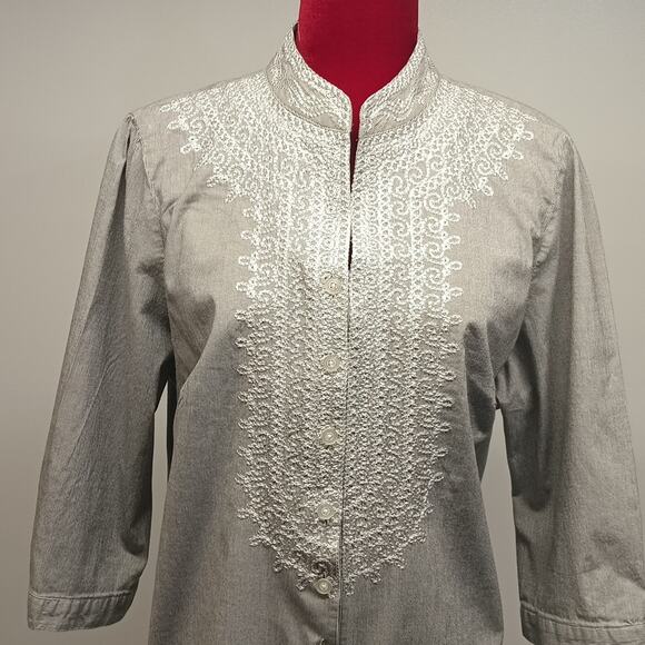 womens ecologie top Sz 2X gray/white 3/4 sleeves embroidered front button down - Picture 2 of 10